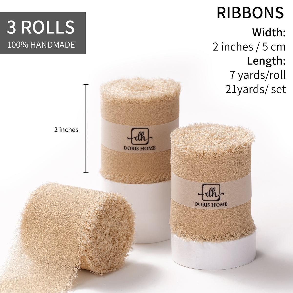 Handmade Fringe Chiffon Silk-Like Ribbon 2" x 7Yd Set of 3 Rolls Ribbons for Wedding Invitations, Bouquets, Gift Wrapping (3 Rolls Nude)