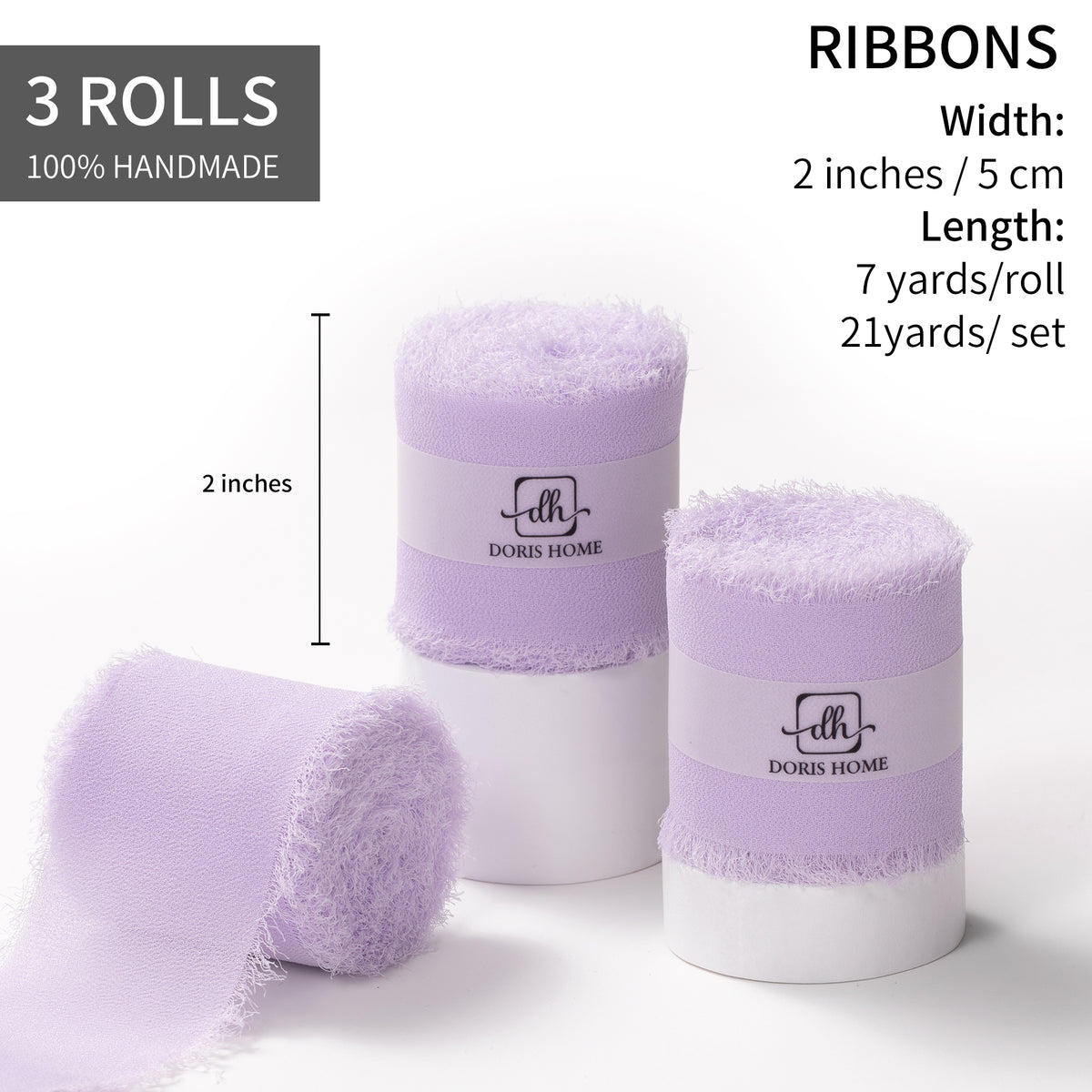Handmade Fringe Chiffon Silk-Like Ribbon 2" x 7Yd Set of 3 Rolls Ribbons for Wedding Invitations, Bouquets, Gift Wrapping (3 Rolls Light Purple)