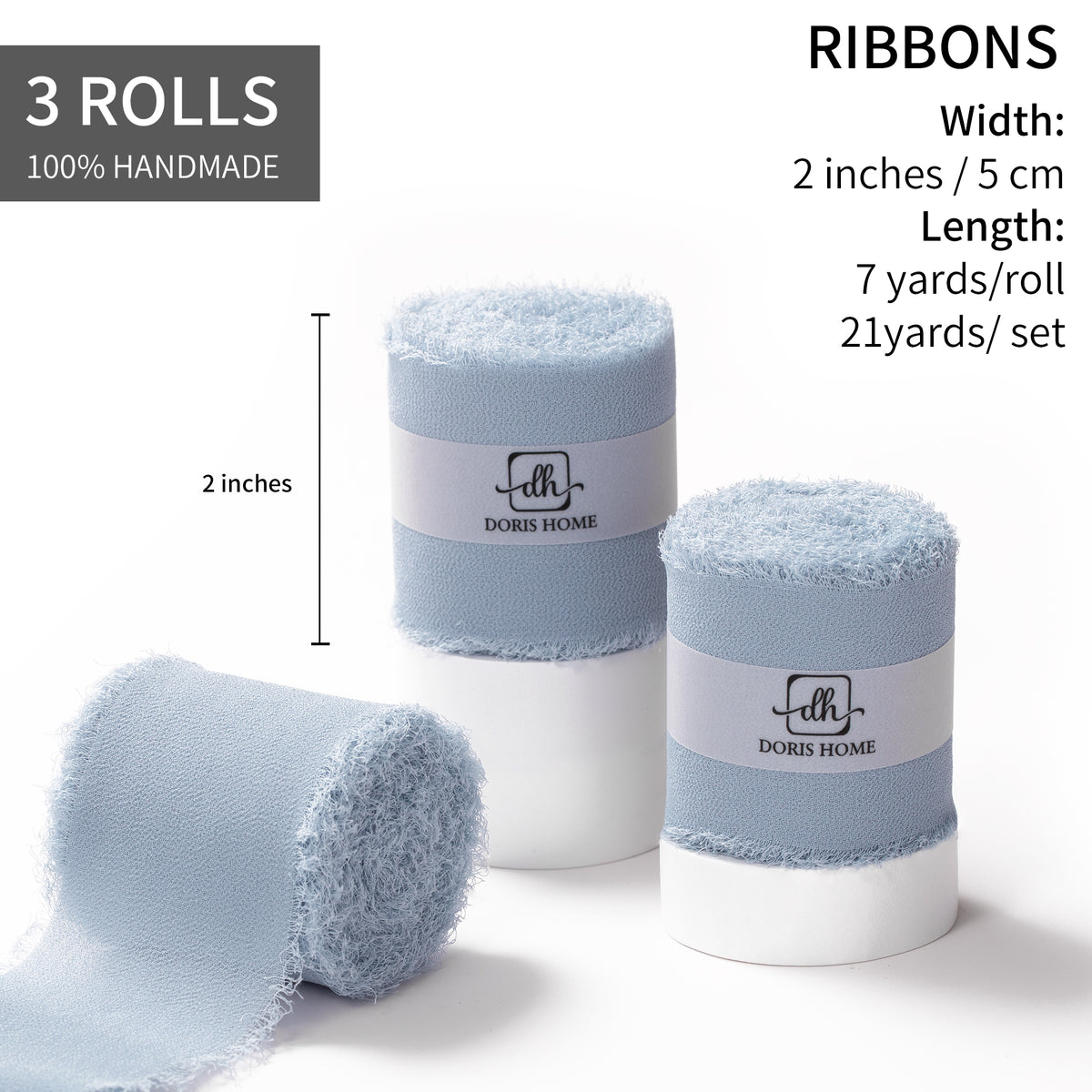 Handmade Fringe Chiffon Silk-Like Ribbon 2" x 7Yd Set of 3 Rolls Ribbons for Wedding Invitations, Bouquets, Gift Wrapping (3 Rolls Dusty Blue)
