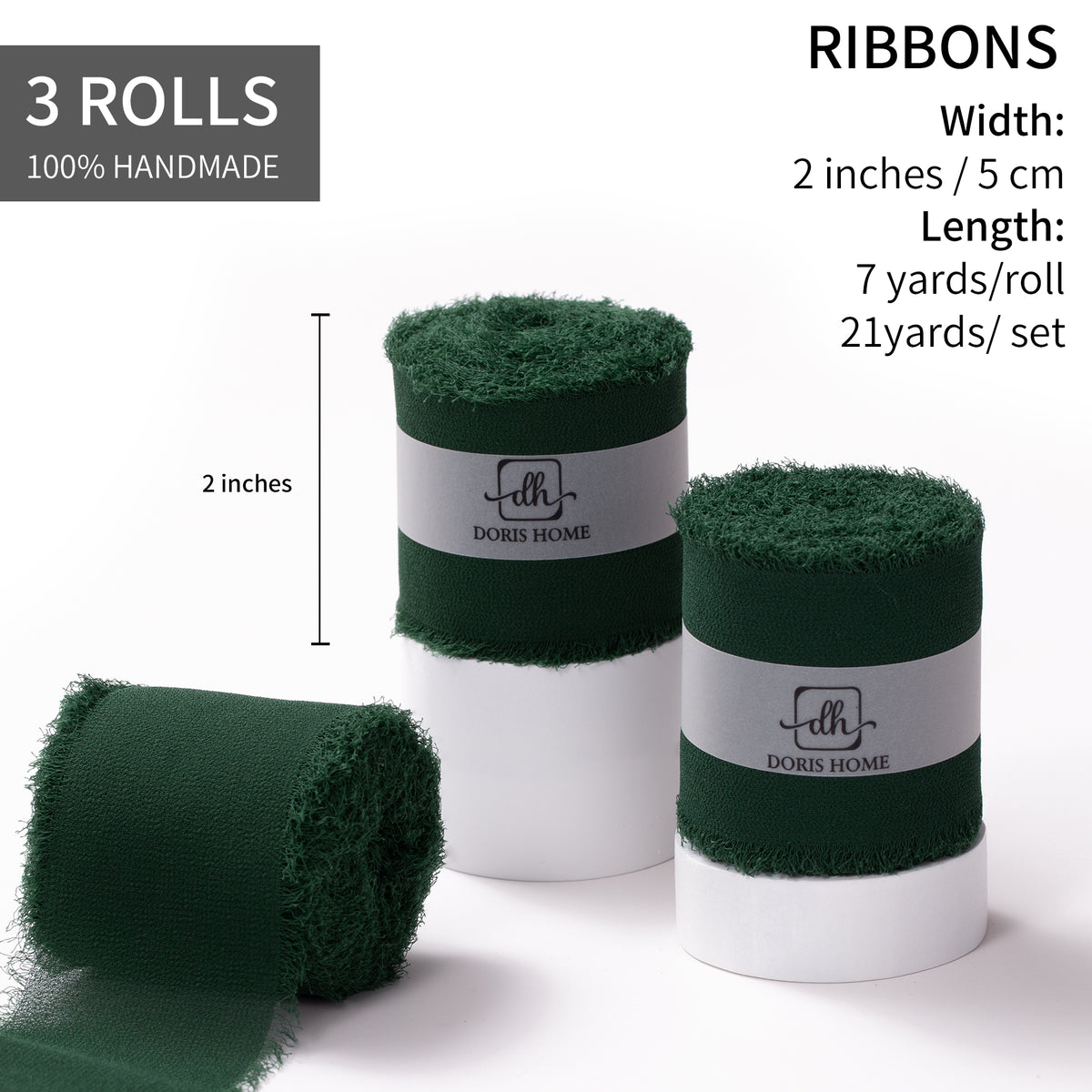 Handmade Fringe Chiffon Silk-Like Ribbon 2" x 7Yd Set of 3 Rolls Ribbons for Wedding Invitations, Bouquets, Gift Wrapping (3 Rolls Dark Green)