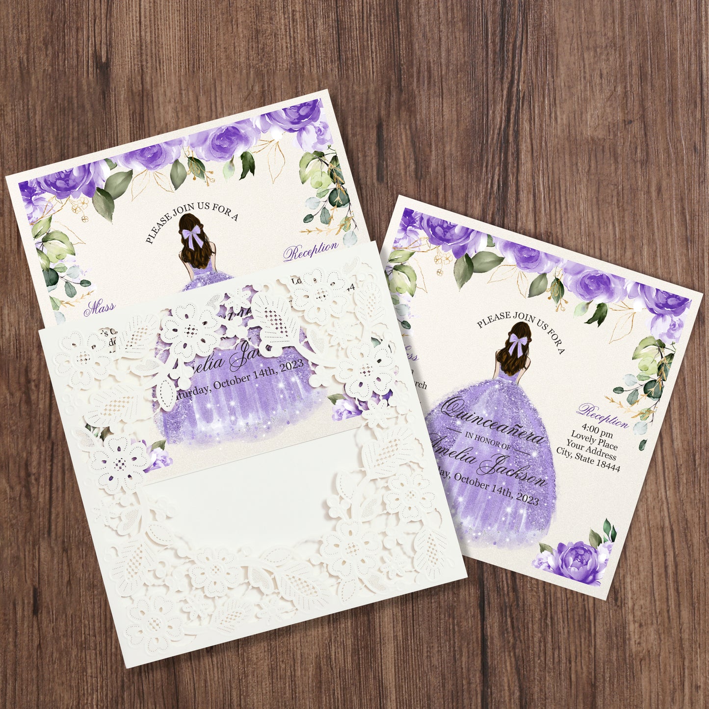 Customized Quinceanera Invitation Lavender, Elegant 15 years Invitations Sweet 16, Miss XV, Birthday Laser Cut Quince Invitation Cards White Personalized