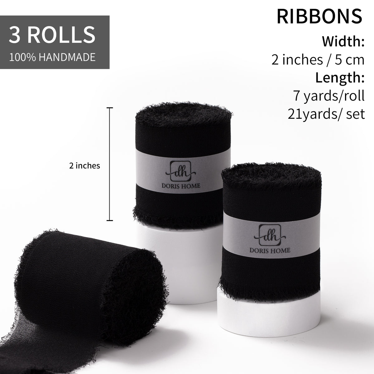Handmade Fringe Chiffon Silk-Like Ribbon 2" x 7Yd Set of 3 Rolls Ribbons for Wedding Invitations, Bouquets, Gift Wrapping (3 Rolls Black)