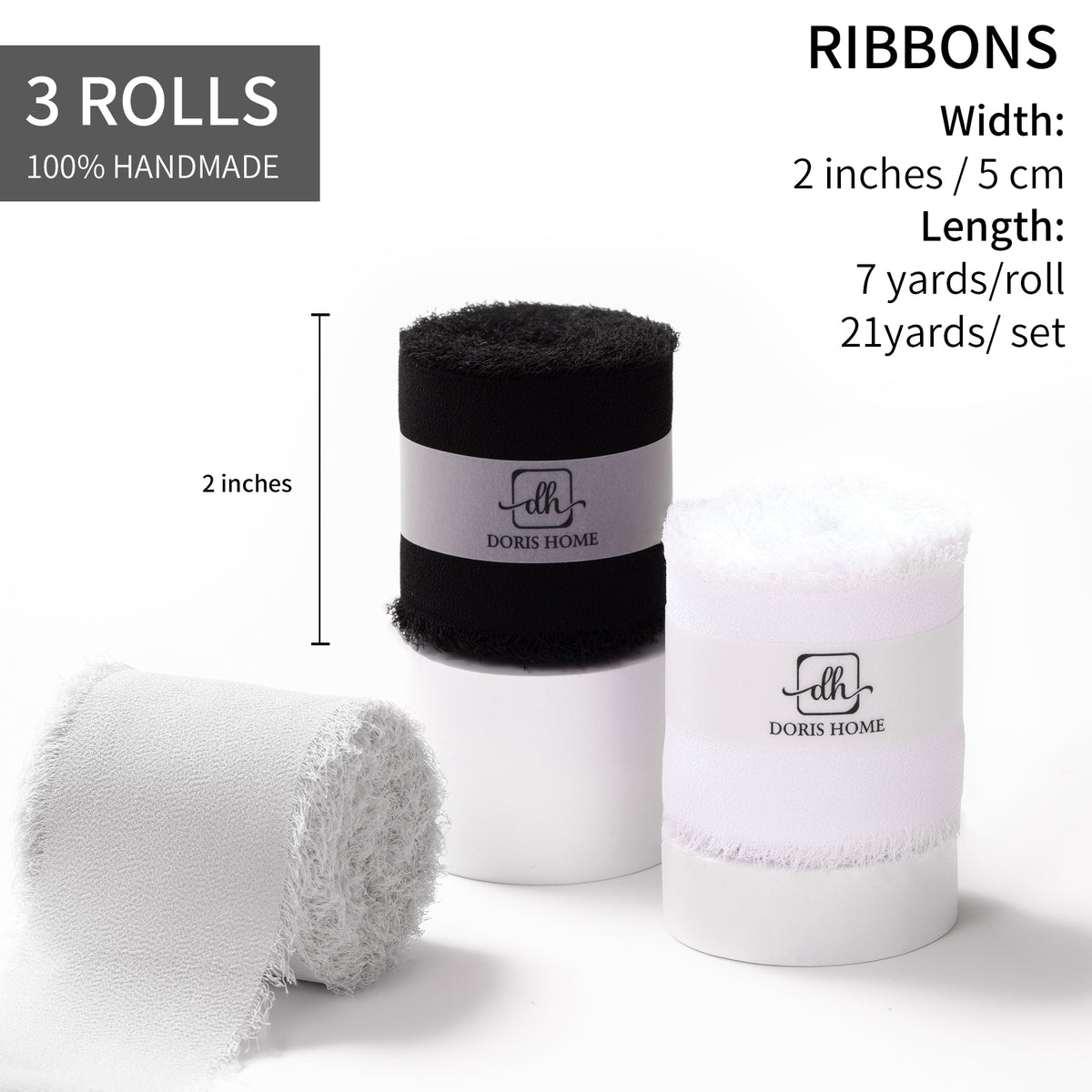 Handmade Fringe Chiffon Silk-Like Ribbon 2" x 7Yd Set of 3 Rolls Ribbons for Wedding Invitations, Bouquets, Gift Wrapping (3 Rolls Black/White/Light Grey)