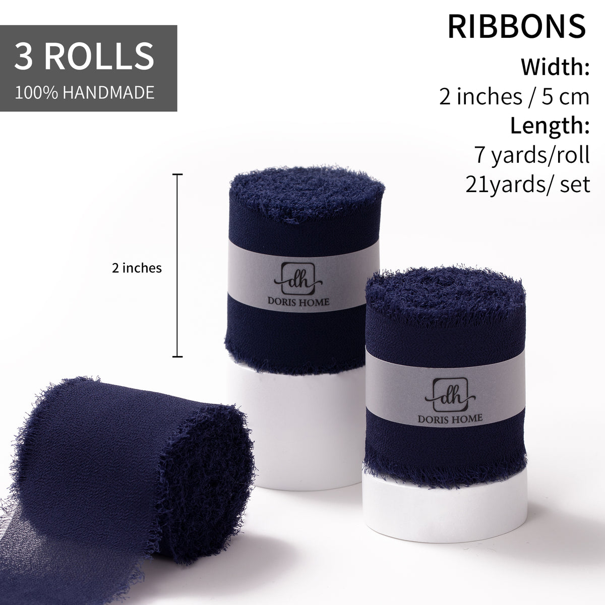 Handmade Fringe Chiffon Silk-Like Ribbon 2" x 7Yd Set of 3 Rolls Ribbons for Wedding Invitations, Bouquets, Gift Wrapping (3 Rolls Dark Navy Blue)