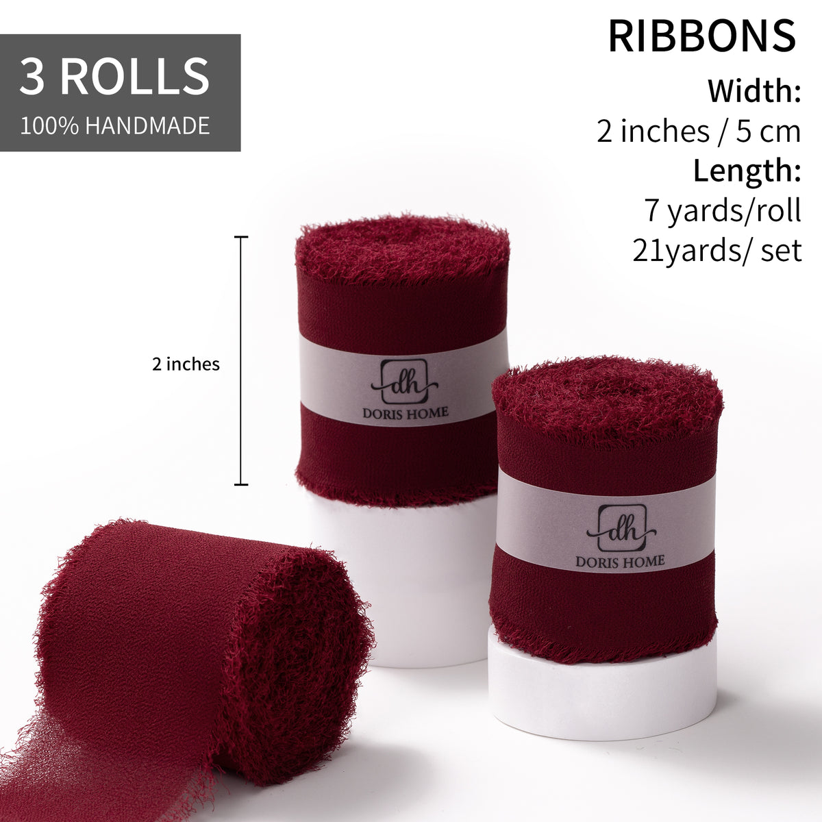 Handmade Fringe Chiffon Silk-Like Ribbon 2" x 7Yd Set of 3 Rolls Ribbons for Wedding Invitations, Bouquets, Gift Wrapping (3 Rolls Burgundy)