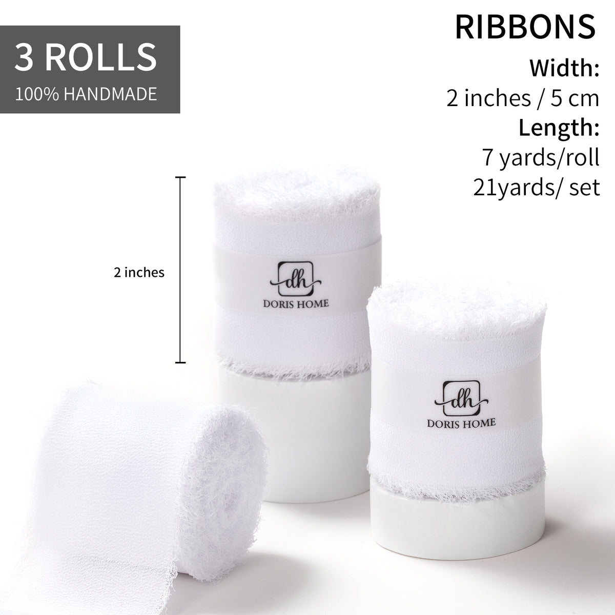 Handmade Fringe Chiffon Silk-Like Ribbon 2" x 7Yd Set of 3 Rolls Ribbons for Wedding Invitations, Bouquets, Gift Wrapping (3 Rolls White)