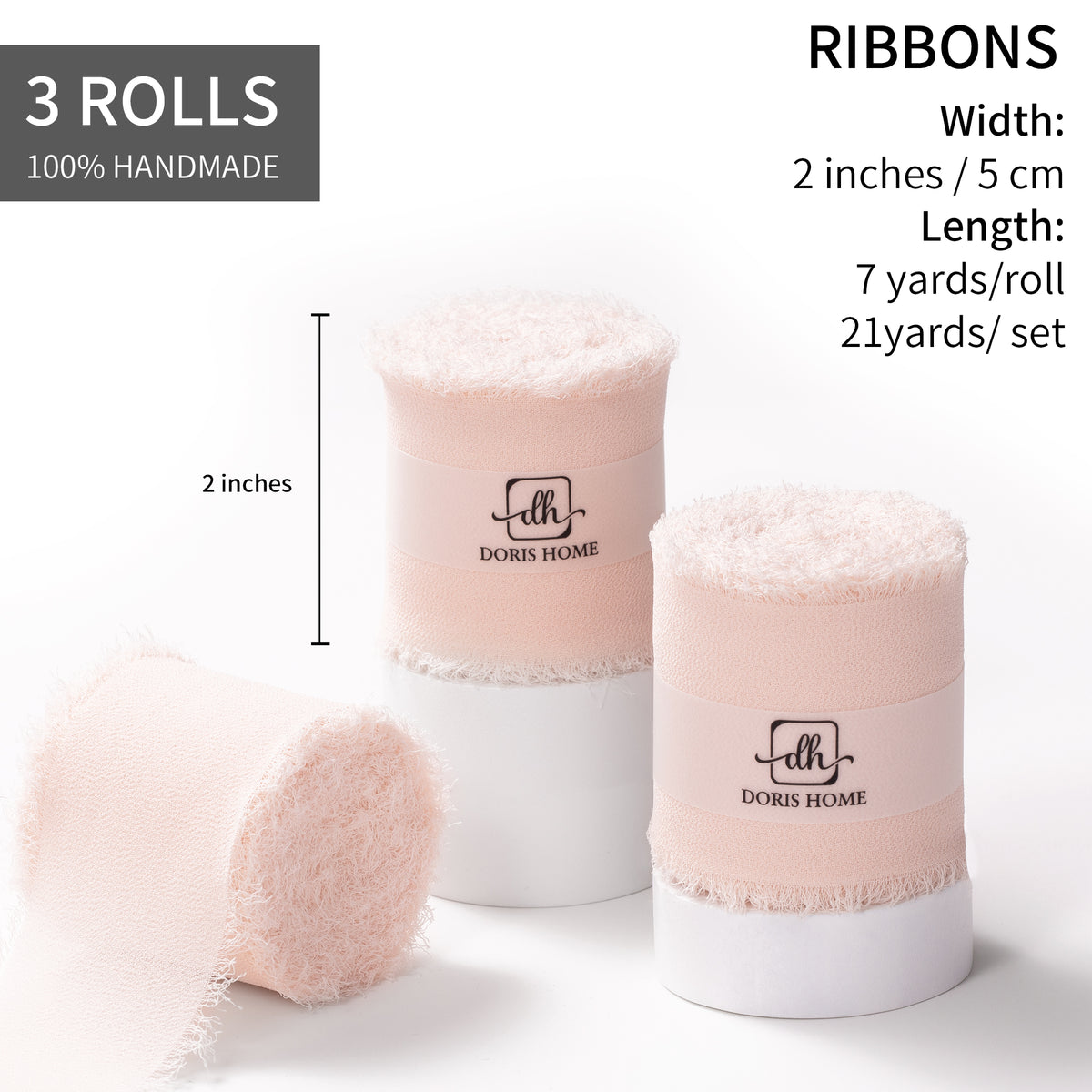 Handmade Fringe Chiffon Silk-Like Ribbon 2" x 7Yd Set of 3 Rolls Ribbons for Wedding Invitations, Bouquets, Gift Wrapping (3 Rolls Pink)