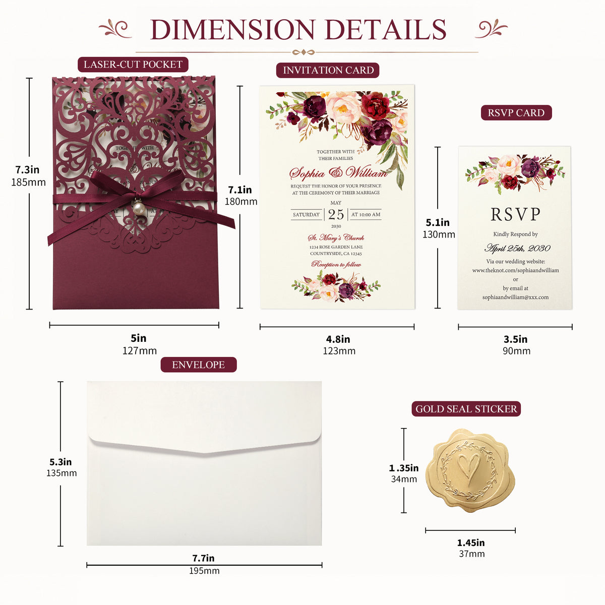 DreamBuilt Burgundy Floral Laser cut invitation cards with ribbon bellyb band and pearl for wedding