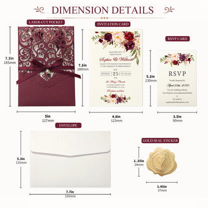 DreamBuilt Burgundy Floral Laser cut invitation cards with ribbon bellyb band and pearl for wedding