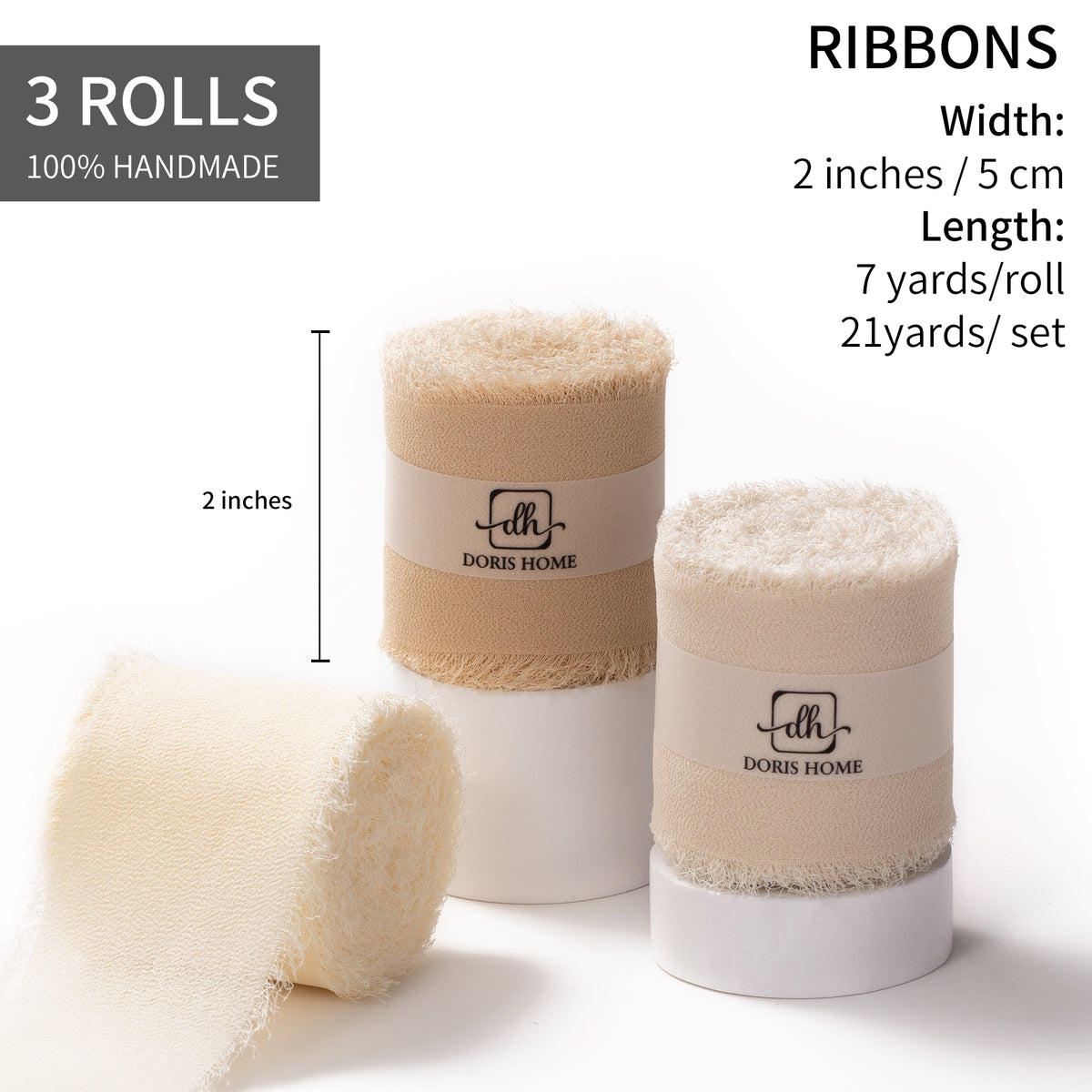Handmade Fringe Chiffon Silk-Like Ribbon 2" x 7Yd Set of 3 Rolls Ribbons for Wedding Invitations, Bouquets, Gift Wrapping (3 Rolls Nude/Cream/Sand Color)