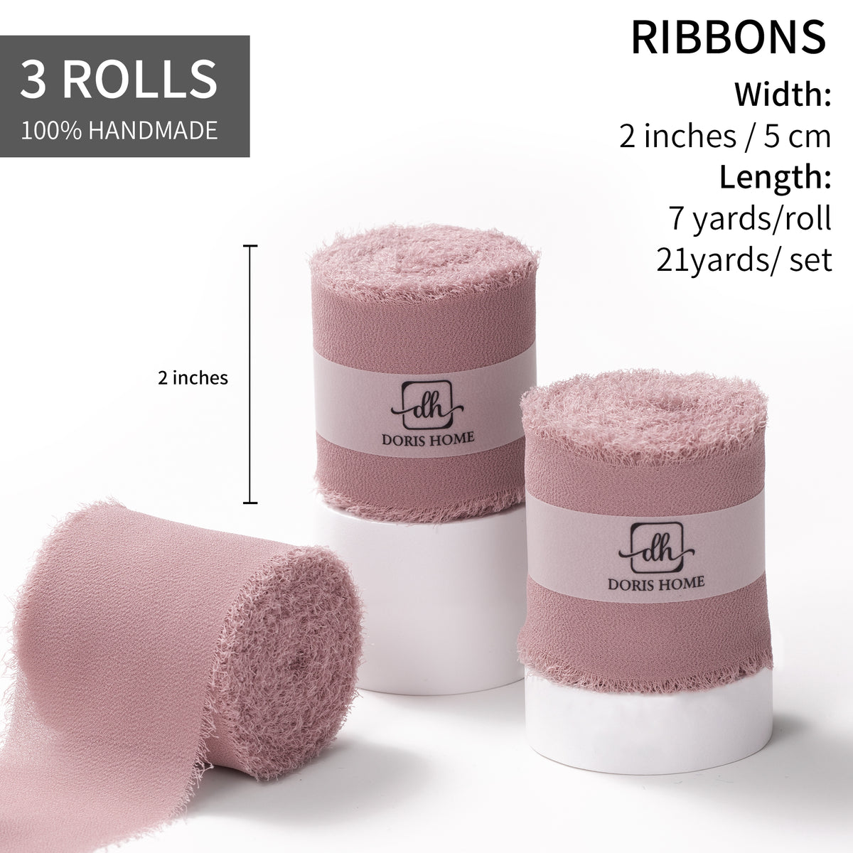 Handmade Fringe Chiffon Silk-Like Ribbon 2" x 7Yd Set of 3 Rolls Ribbons for Wedding Invitations, Bouquets, Gift Wrapping (3 Rolls Mauve)