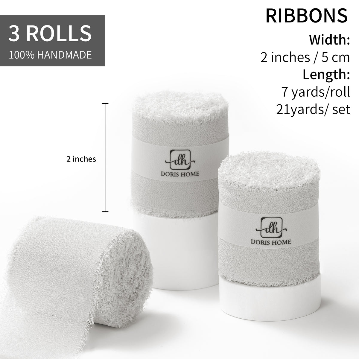 Handmade Fringe Chiffon Silk-Like Ribbon 2" x 7Yd Set of 3 Rolls Ribbons for Wedding Invitations, Bouquets, Gift Wrapping (3 Rolls Light Grey)