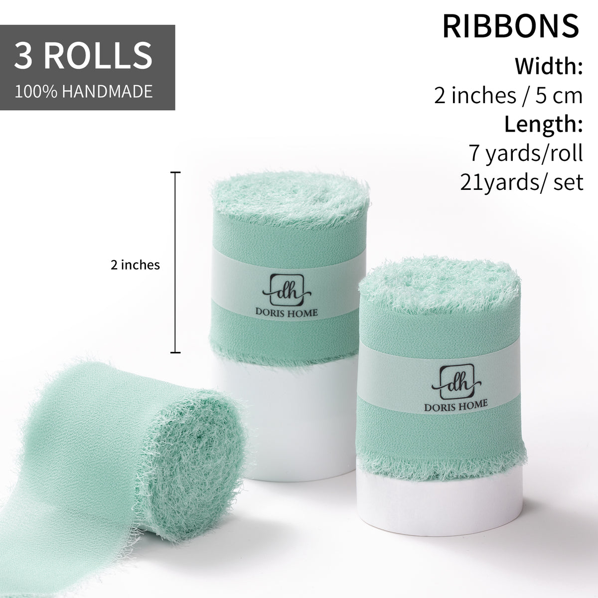 DORIS HOME Handmade Fringe Chiffon Silk-Like Ribbon 2" x 7Yd Set of 3 Rolls Ribbons for Wedding Invitations, Bouquets, Gift Wrapping (3 Rolls Mint Green)