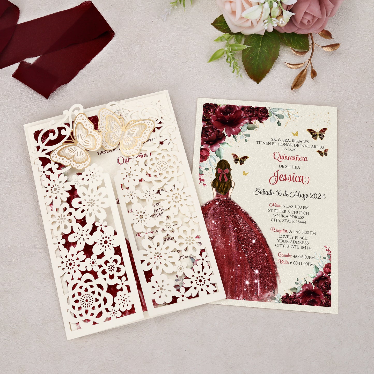 Butterfly Quinceanera Invitation Burgundy for 15 year, Sweet 16, Miss XV, Birthday Laser Cut Quince Invitation Cards Personalized Ivory White