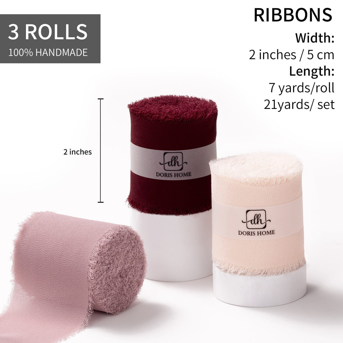 Handmade Fringe Chiffon Silk-Like Ribbon 2" x 7Yd Set of 3 Rolls Ribbons for Wedding Invitations, Bouquets, Gift Wrapping (3 Rolls Burgundy/Mauve/Pink)