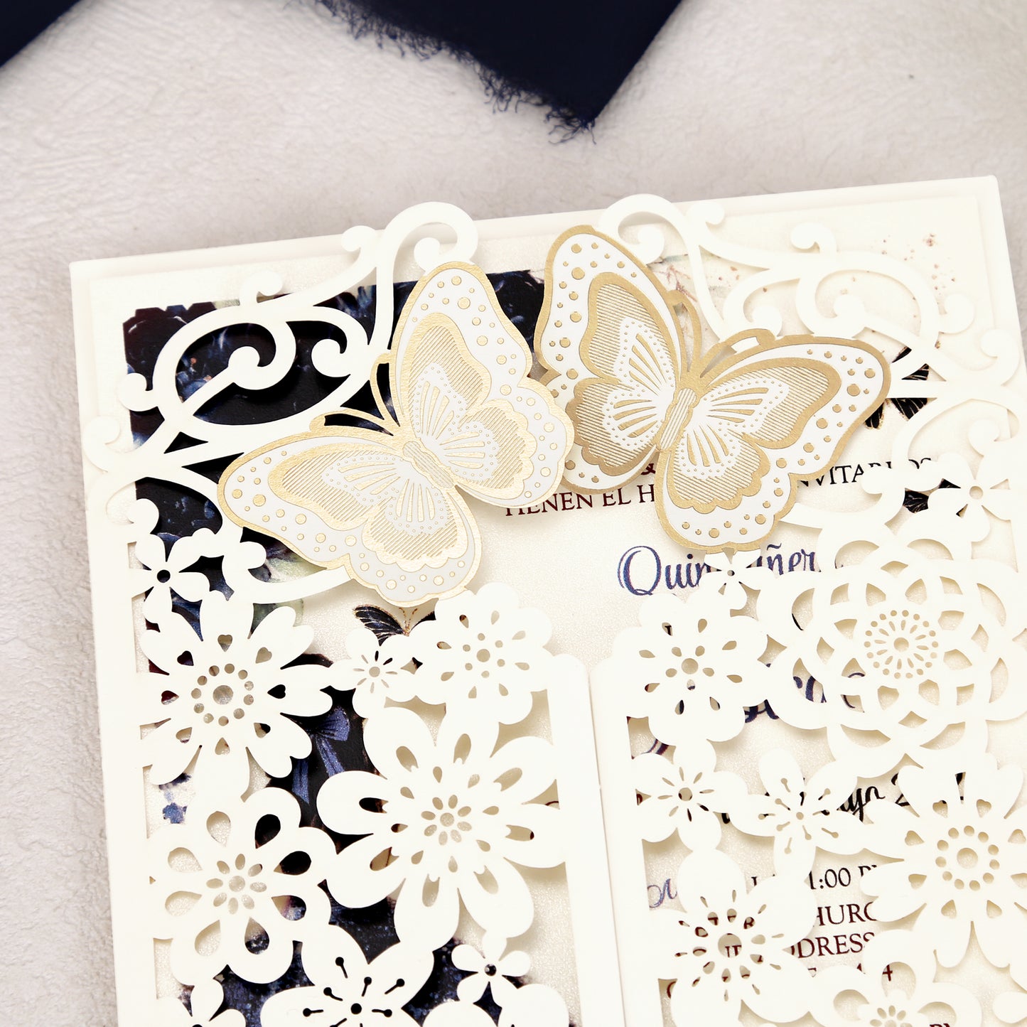 Butterfly Quinceanera Invitation Navy Blue for 15 year, Sweet 16, Miss XV, Birthday Laser Cut Quince Invitation Cards Personalized Ivory White