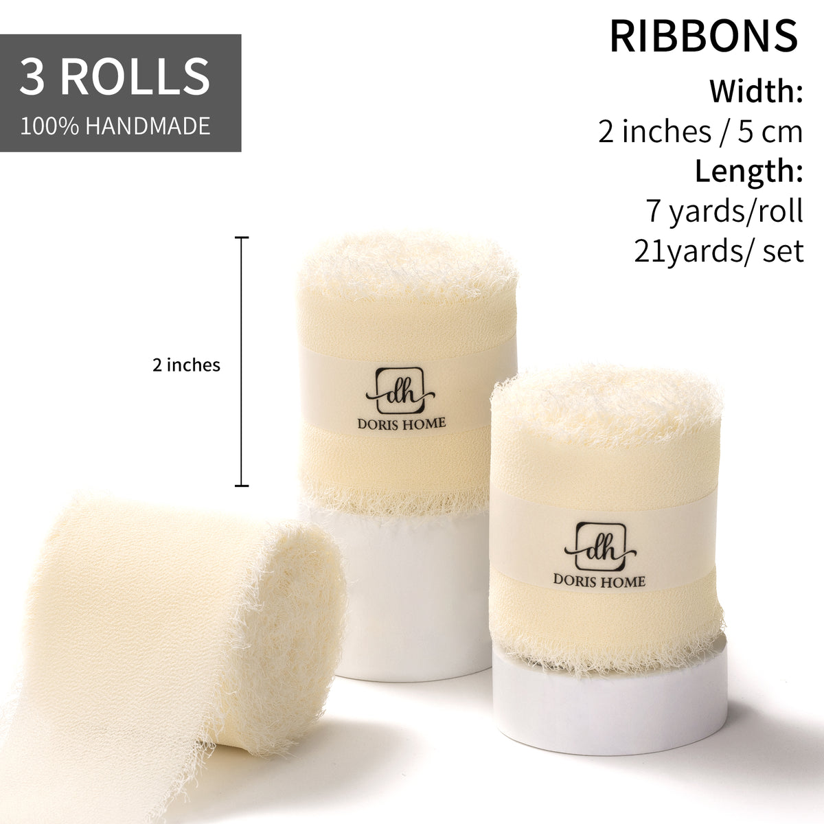 Handmade Fringe Chiffon Silk-Like Ribbon 2" x 7Yd Set of 3 Rolls Ribbons for Wedding Invitations, Bouquets, Gift Wrapping (3 Rolls Cream)