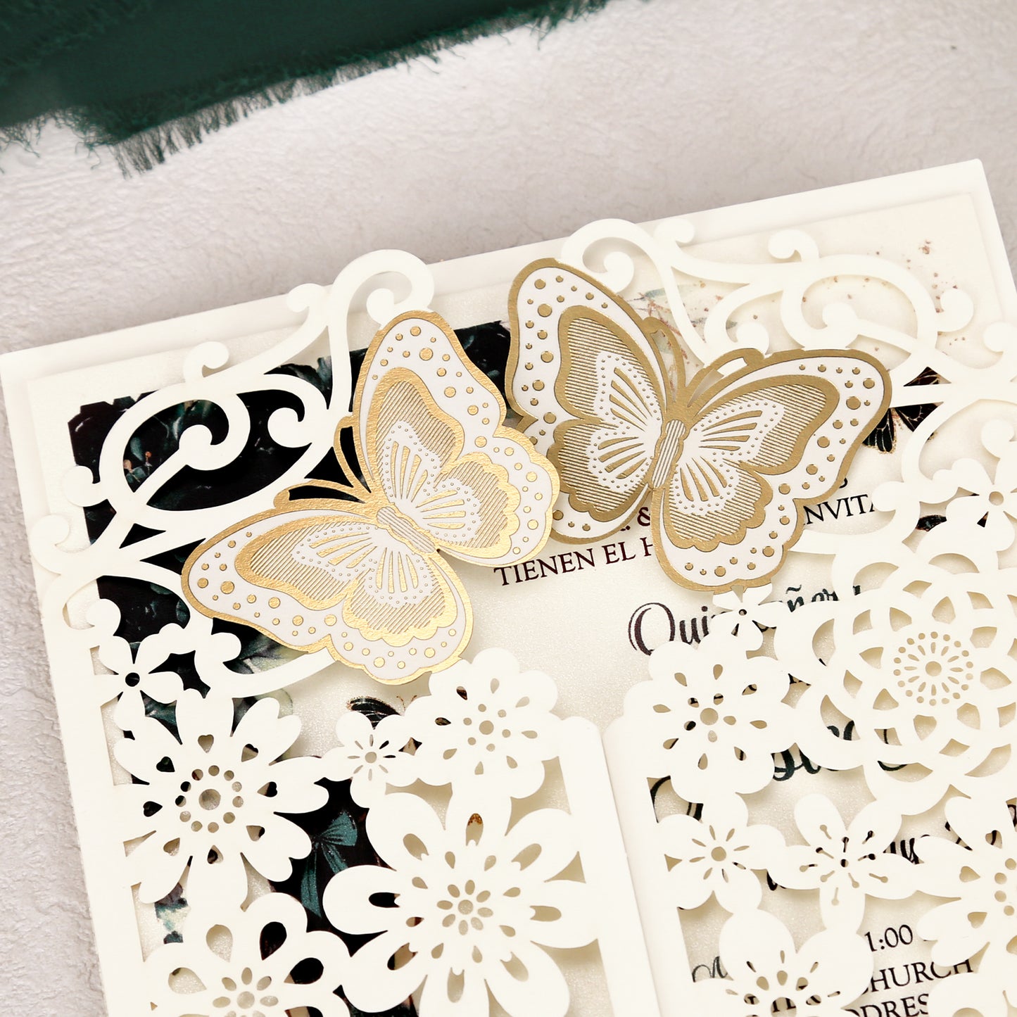 Butterfly Quinceanera Invitation Emerald Green for 15 year, Sweet 16, Miss XV, Birthday Laser Cut Quince Invitation Cards Personalized Ivory White