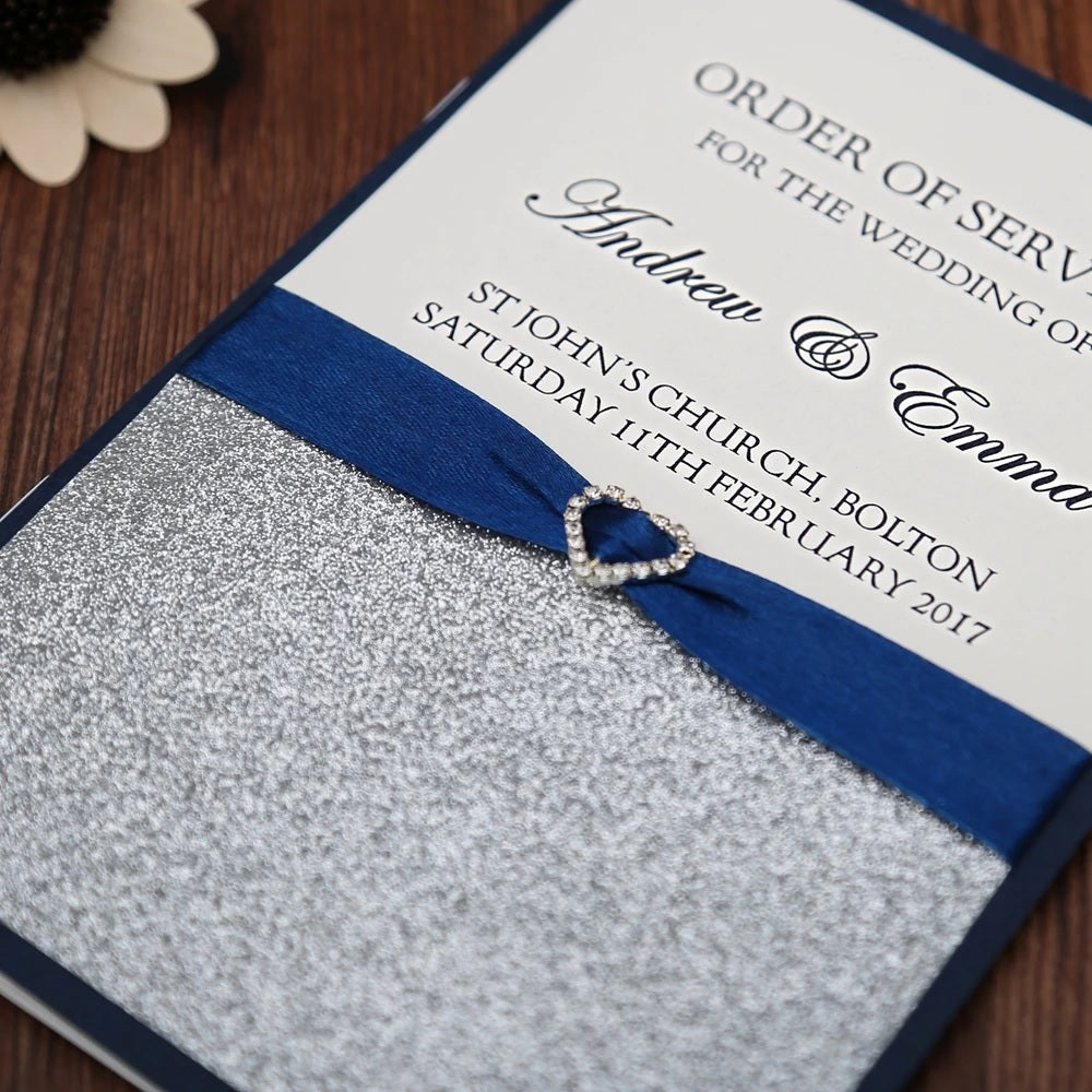 DreamBuilt 50pcs Blue Silver glitter wedding program booklet modern wedding stationery ceremony program modern Order of Service