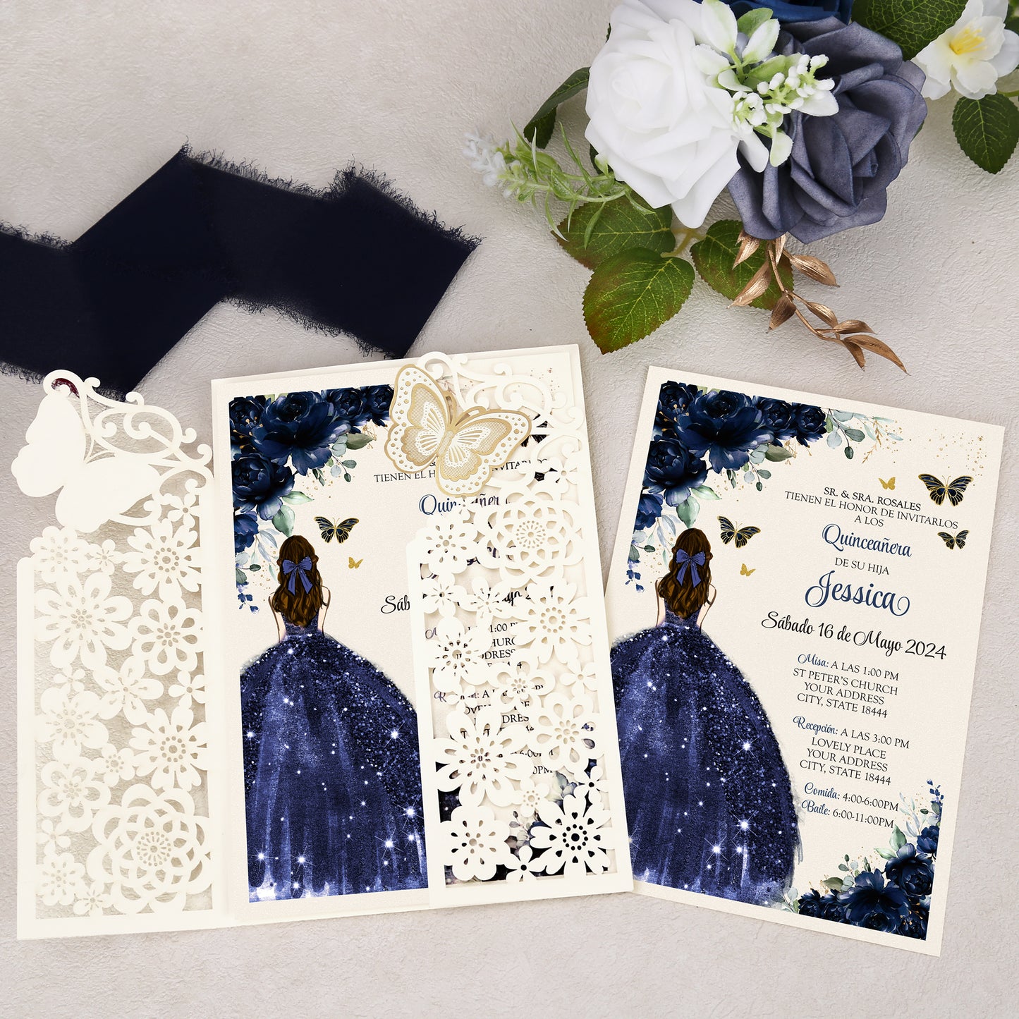 Butterfly Quinceanera Invitation Navy Blue for 15 year, Sweet 16, Miss XV, Birthday Laser Cut Quince Invitation Cards Personalized Ivory White