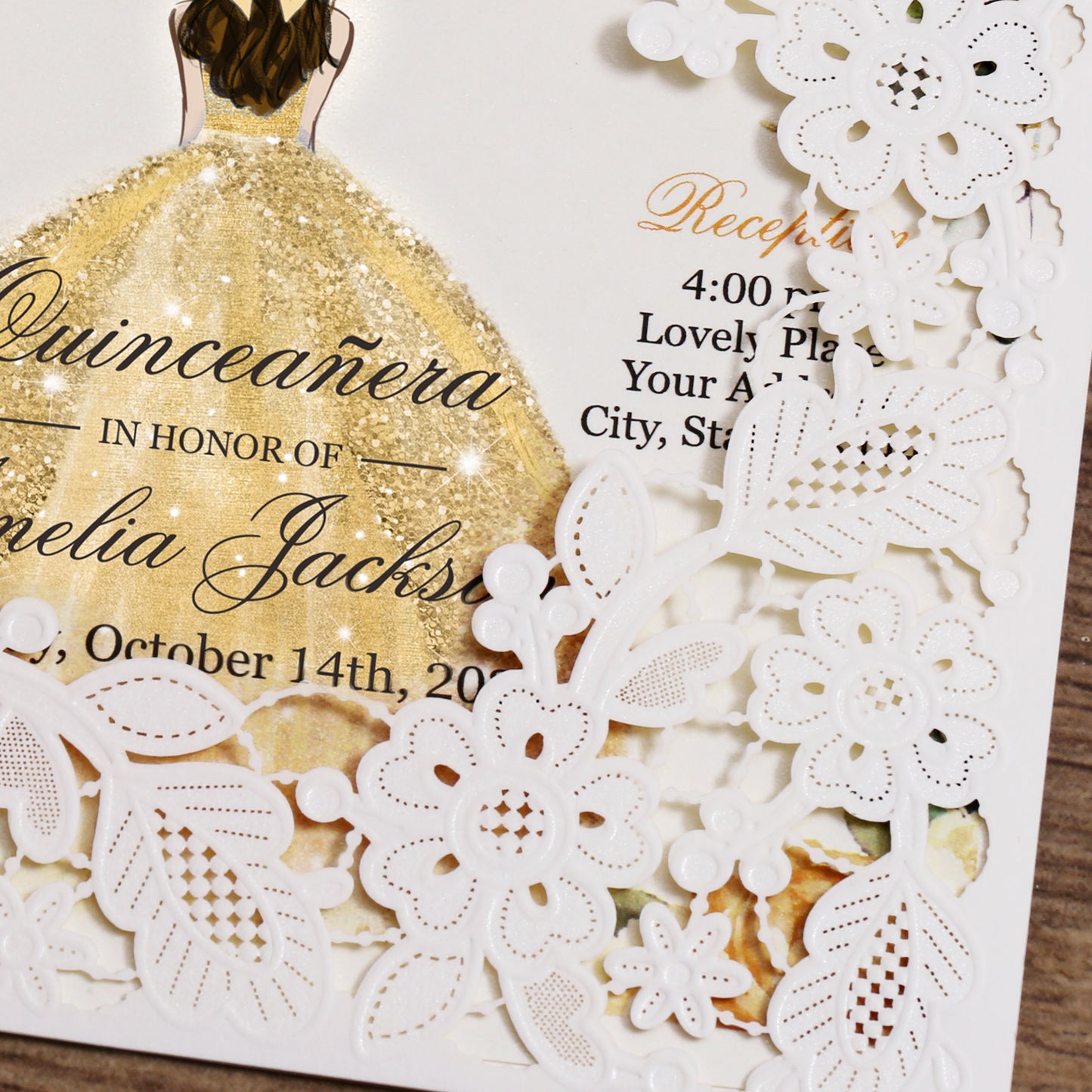 Customized Quinceanera Invitation Gold, Elegant 15 years Invitations Sweet 16, Miss XV, Birthday Laser Cut Quince Invitation Cards White Personalized