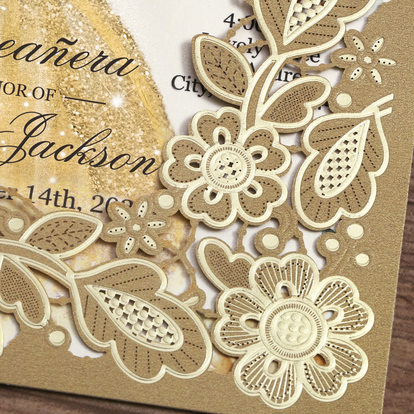 Customized Quinceanera Invitation Gold, Elegant 15 years Invitations Sweet 16, Miss XV, Birthday Laser Cut Quince Invitation Cards Gold Personalized