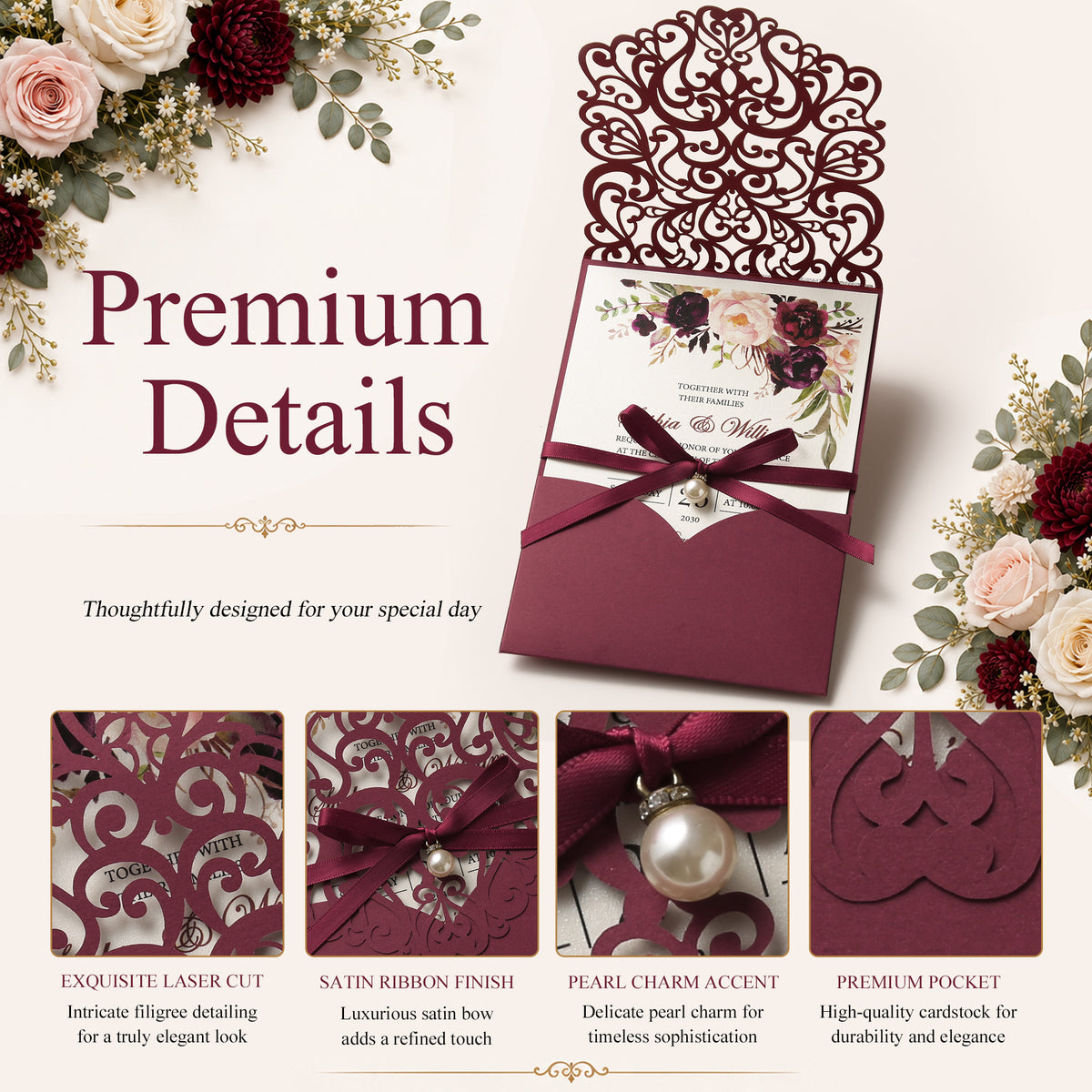 DreamBuilt Burgundy Floral Laser cut invitation cards with ribbon bellyb band and pearl for wedding
