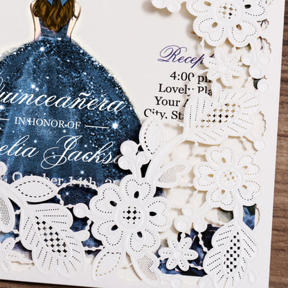 Customized Quinceanera Invitation Navy Blue, Elegant 15 years Invitations Sweet 16, Miss XV, Birthday Laser Cut Quince Invitation Cards White Personalized - DorisHome