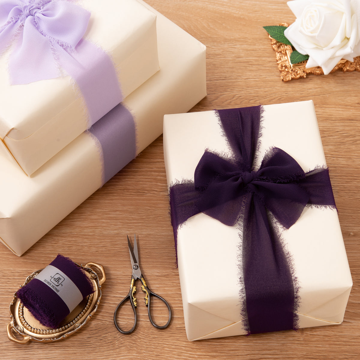 Handmade Fringe Chiffon Silk-Like Ribbon 2" x 7Yd Set of 3 Rolls Ribbons for Wedding Invitations, Bouquets, Gift Wrapping (3 Rolls Plum)