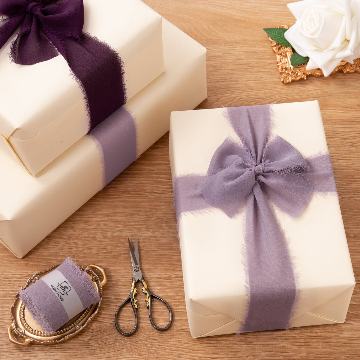 Handmade Fringe Chiffon Silk-Like Ribbon 2" x 7Yd Set of 3 Rolls Ribbons for Wedding Invitations, Bouquets, Gift Wrapping (3 Rolls Pastel Purple)