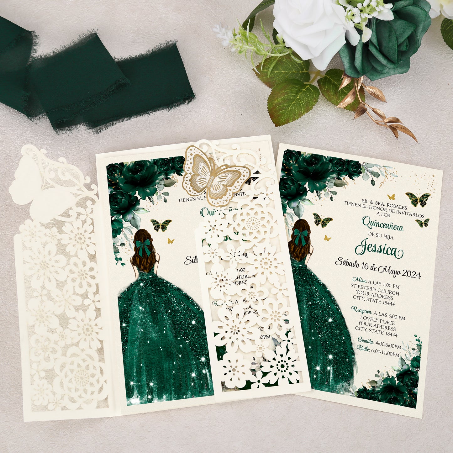 Butterfly Quinceanera Invitation Emerald Green for 15 year, Sweet 16, Miss XV, Birthday Laser Cut Quince Invitation Cards Personalized Ivory White