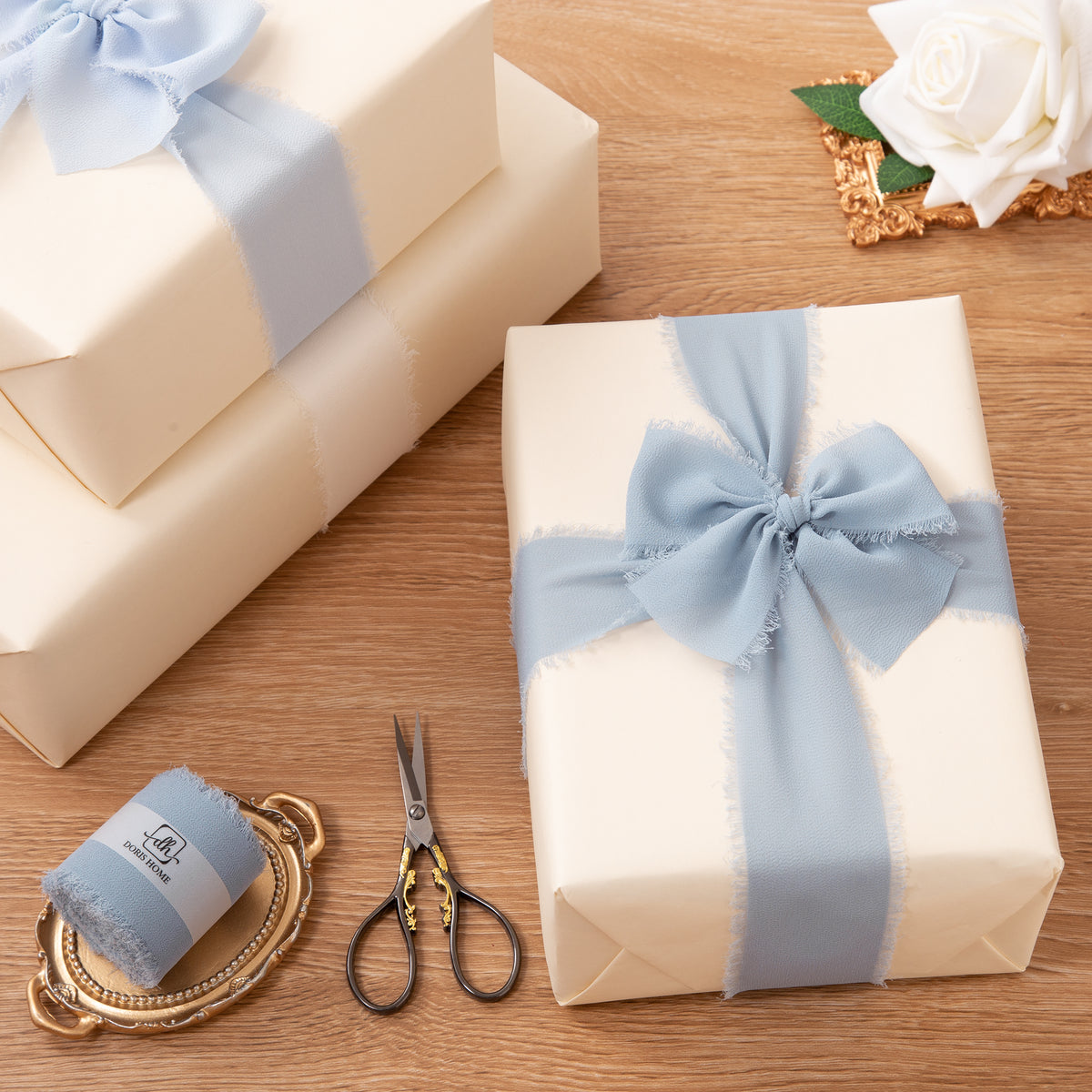 Handmade Fringe Chiffon Silk-Like Ribbon 2" x 7Yd Set of 3 Rolls Ribbons for Wedding Invitations, Bouquets, Gift Wrapping (3 Rolls Dusty Blue)