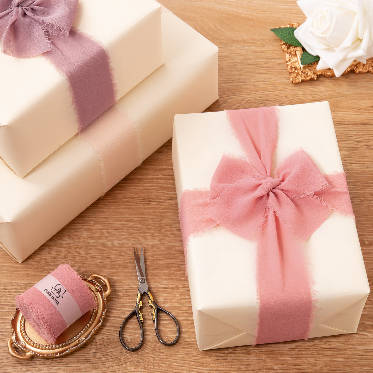 Handmade Fringe Chiffon Silk-Like Ribbon 2" x 7Yd Set of 3 Rolls Ribbons for Wedding Invitations, Bouquets, Gift Wrapping (3 Rolls Dusty Rose/Mauve/Pink)