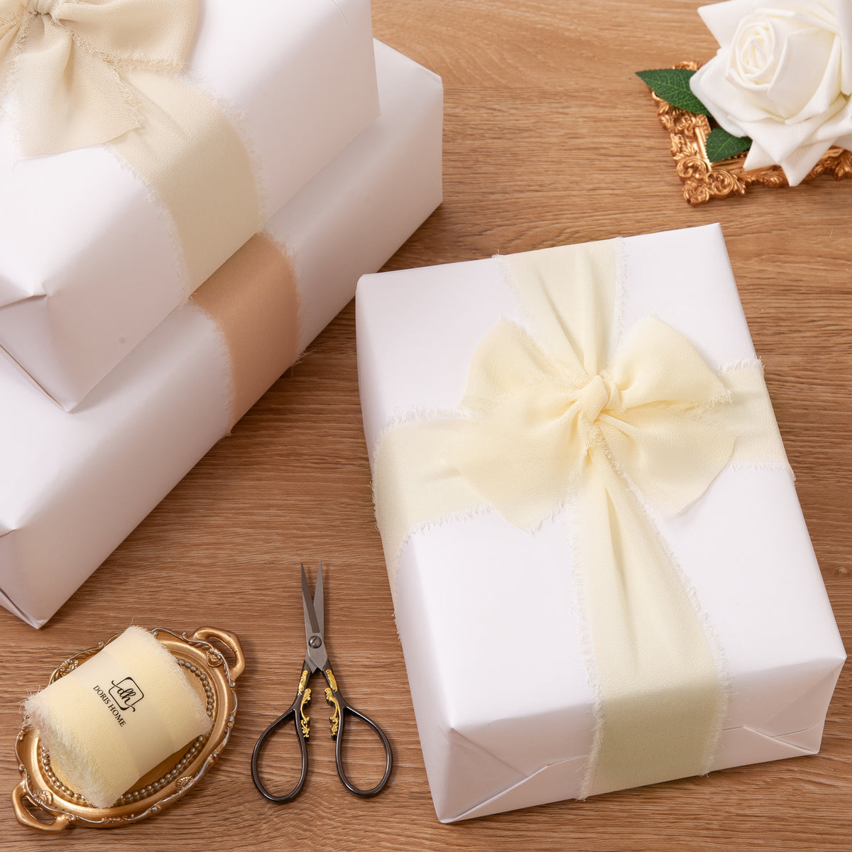 Handmade Fringe Chiffon Silk-Like Ribbon 2" x 7Yd Set of 3 Rolls Ribbons for Wedding Invitations, Bouquets, Gift Wrapping (3 Rolls Nude/Cream/Sand Color)