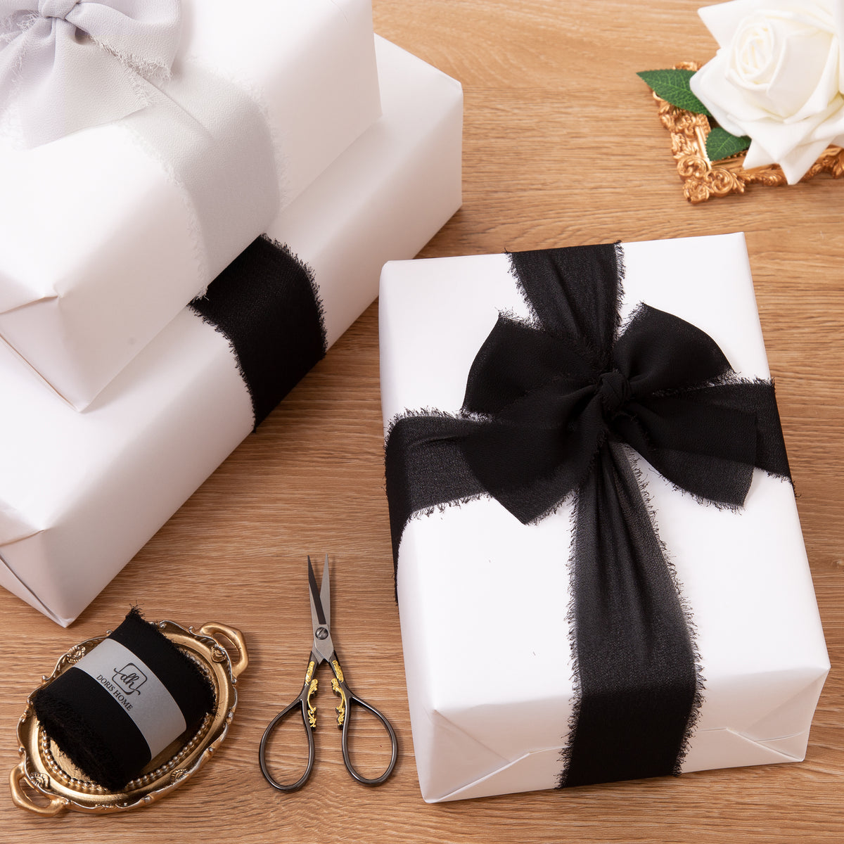 Handmade Fringe Chiffon Silk-Like Ribbon 2" x 7Yd Set of 3 Rolls Ribbons for Wedding Invitations, Bouquets, Gift Wrapping (3 Rolls Black)
