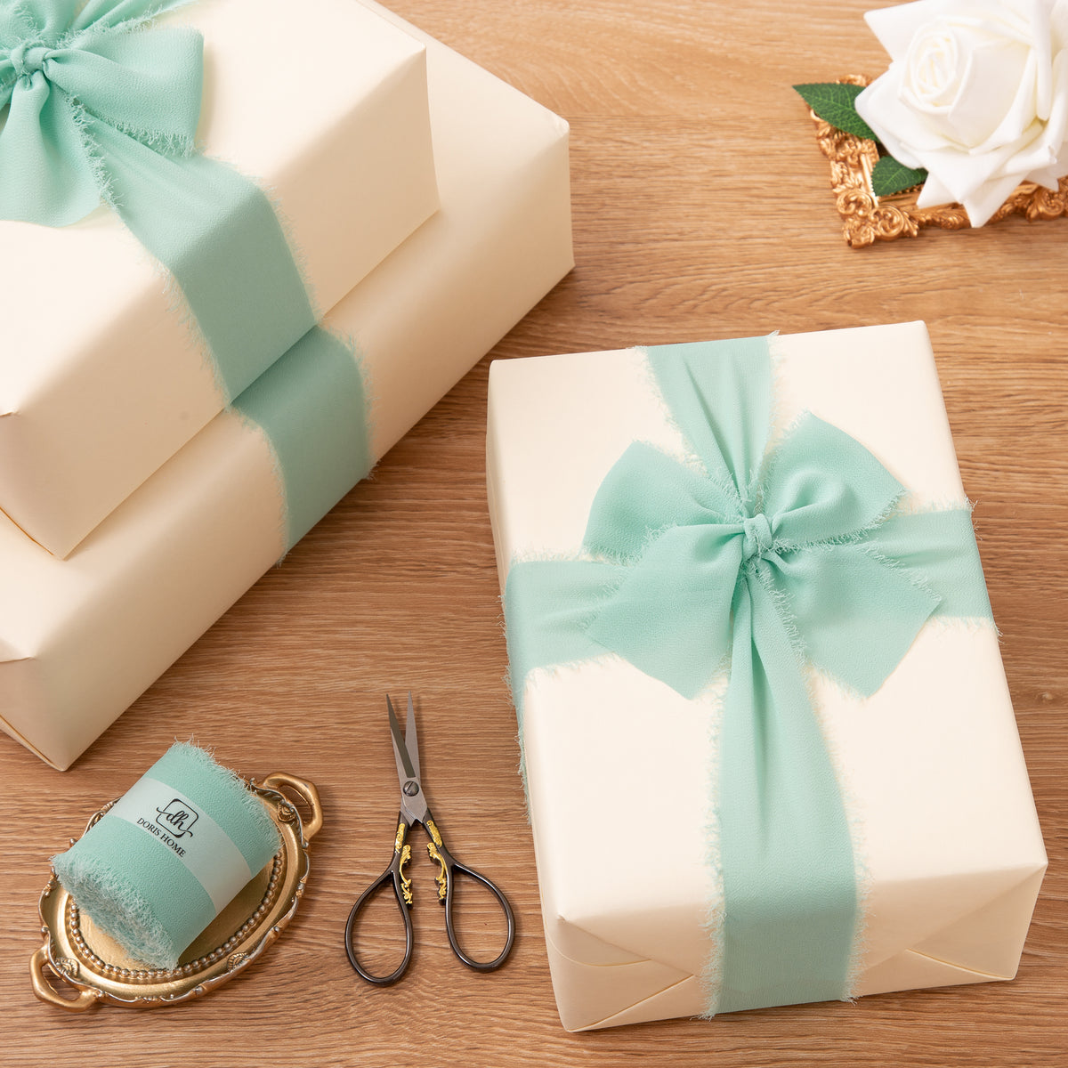 DORIS HOME Handmade Fringe Chiffon Silk-Like Ribbon 2" x 7Yd Set of 3 Rolls Ribbons for Wedding Invitations, Bouquets, Gift Wrapping (3 Rolls Mint Green)