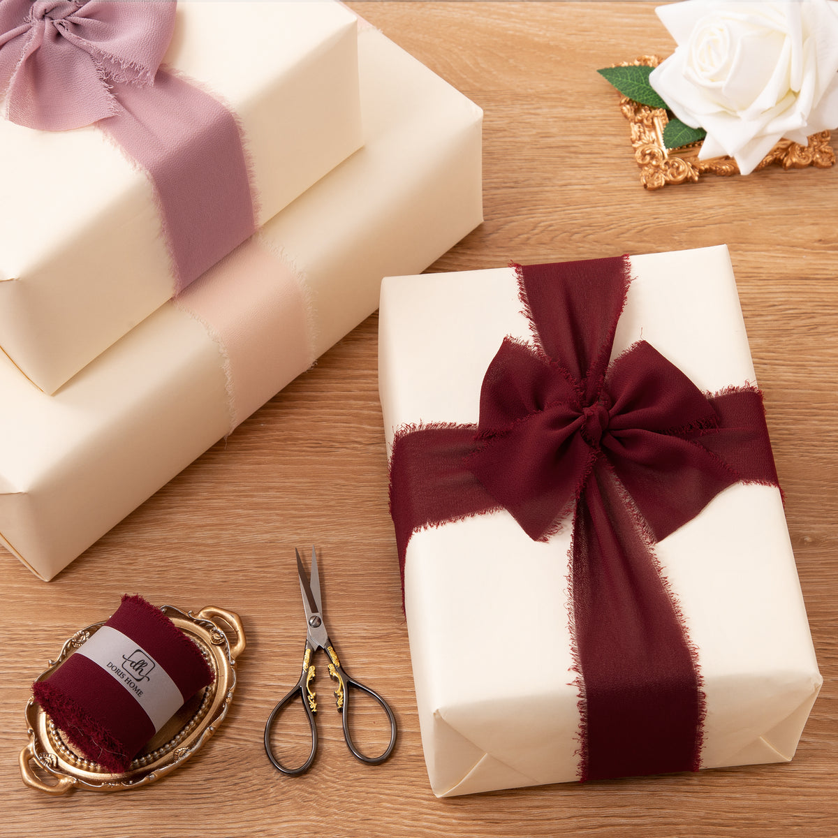 Handmade Fringe Chiffon Silk-Like Ribbon 2" x 7Yd Set of 3 Rolls Ribbons for Wedding Invitations, Bouquets, Gift Wrapping (3 Rolls Burgundy)