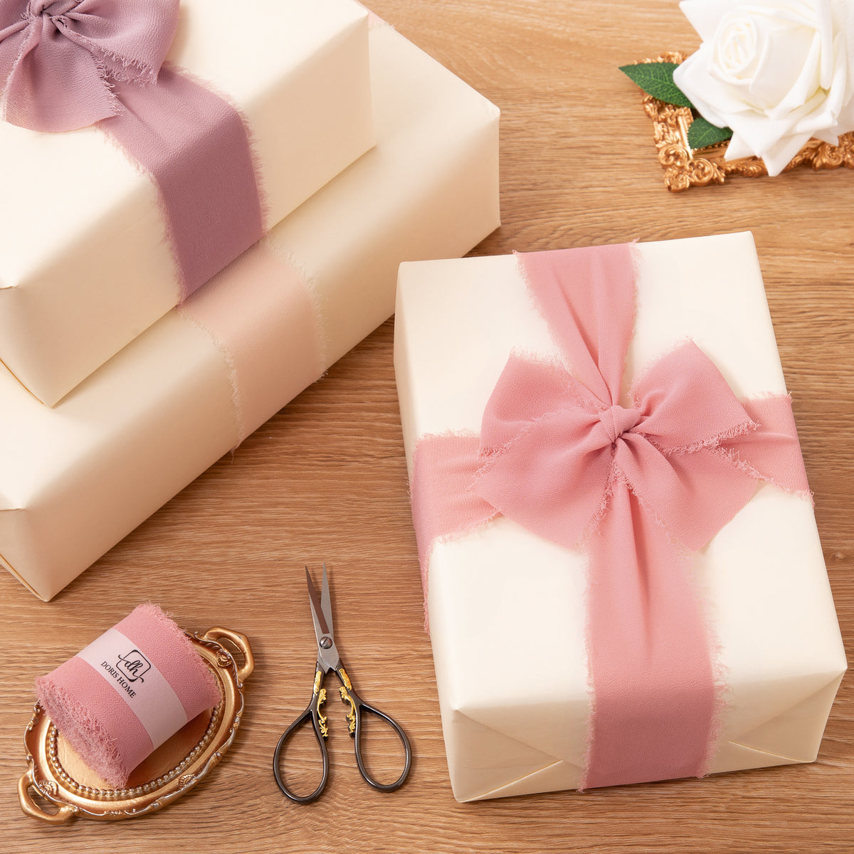 Handmade Fringe Chiffon Silk-Like Ribbon 2" x 7Yd Set of 3 Rolls Ribbons for Wedding Invitations, Bouquets, Gift Wrapping (3 Rolls Dusty Rose)