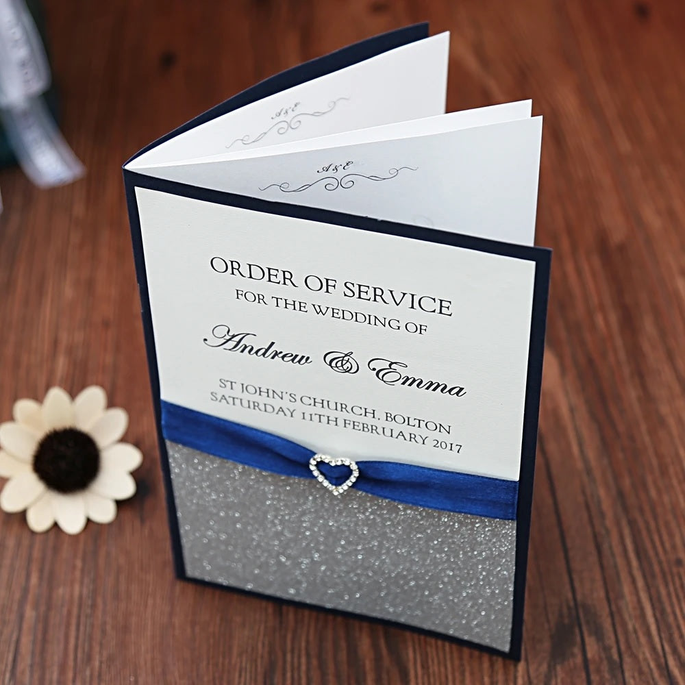 DreamBuilt 50pcs Blue Silver glitter wedding program booklet modern wedding stationery ceremony program modern Order of Service