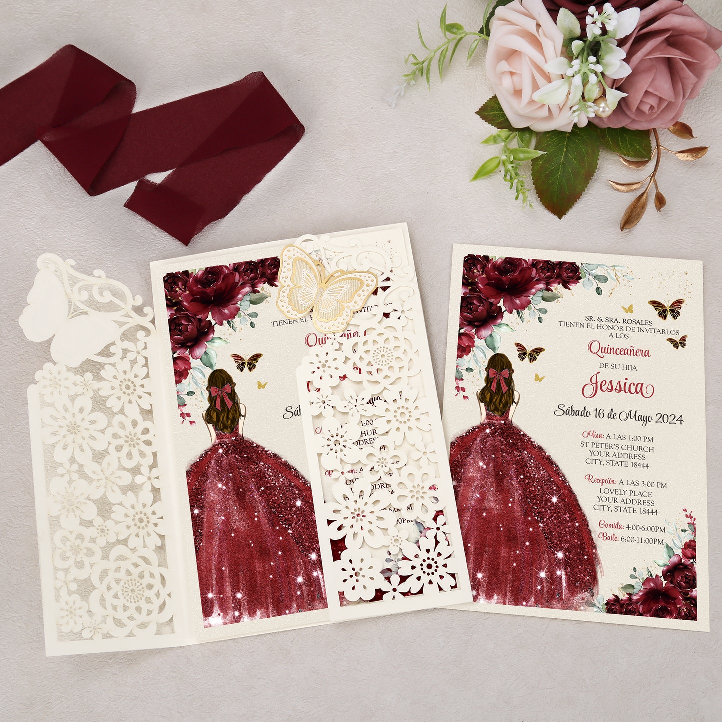 Butterfly Quinceanera Invitation Burgundy for 15 year, Sweet 16, Miss XV, Birthday Laser Cut Quince Invitation Cards Personalized Ivory White