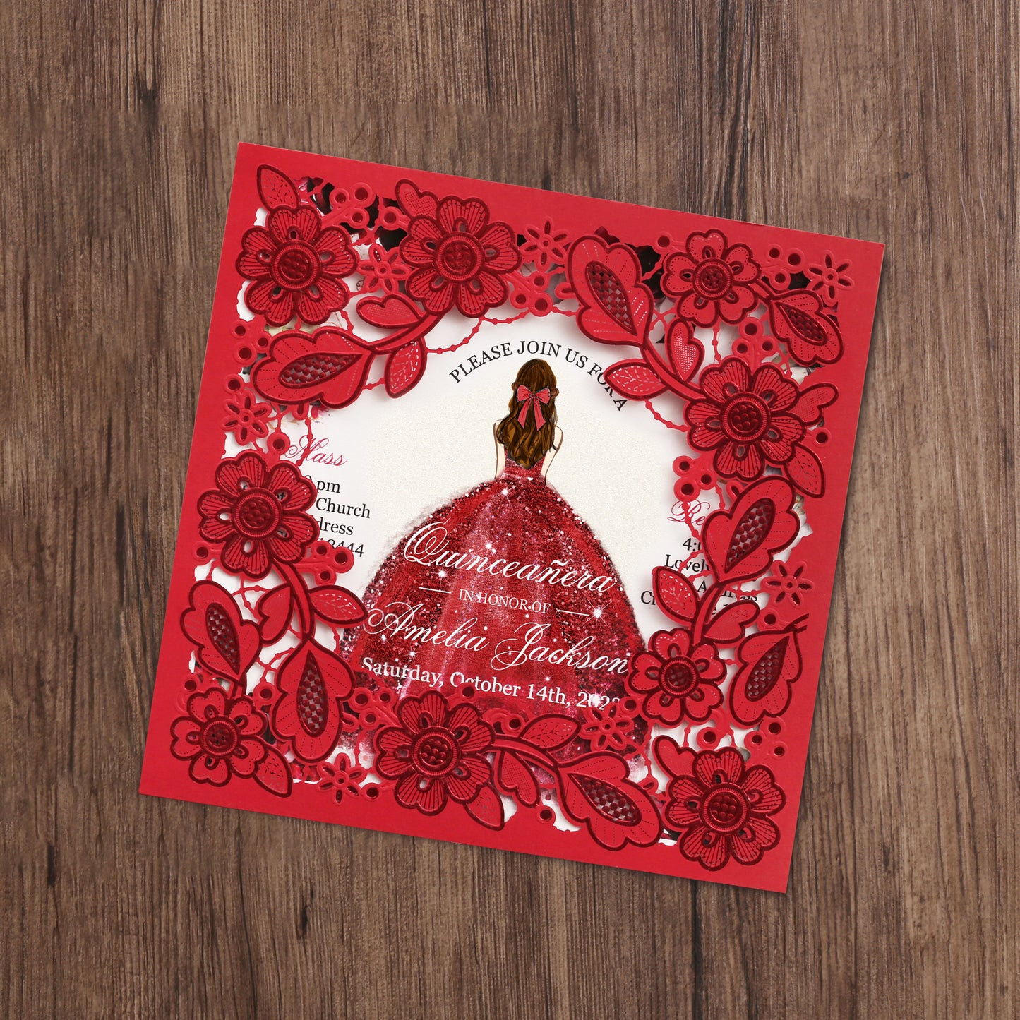 Customized Quinceanera Invitation Red, Elegant 15 years Invitations Sweet 16, Miss XV, Birthday Laser Cut Quince Invitation Cards Red Personalized