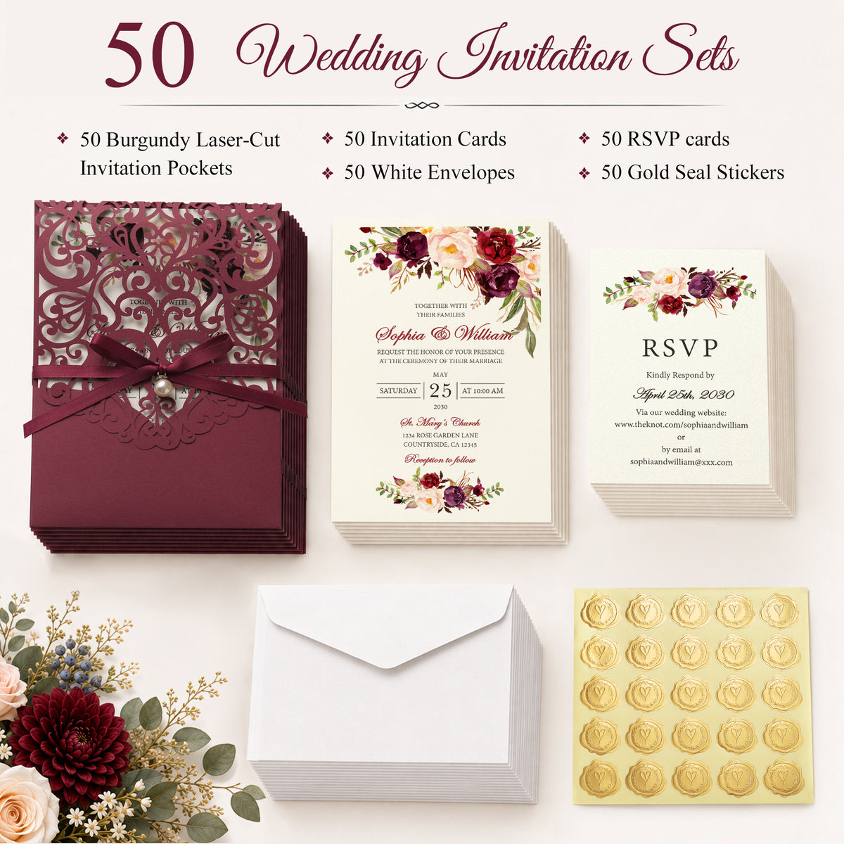 DreamBuilt Burgundy Floral Laser cut invitation cards with ribbon bellyb band and pearl for wedding