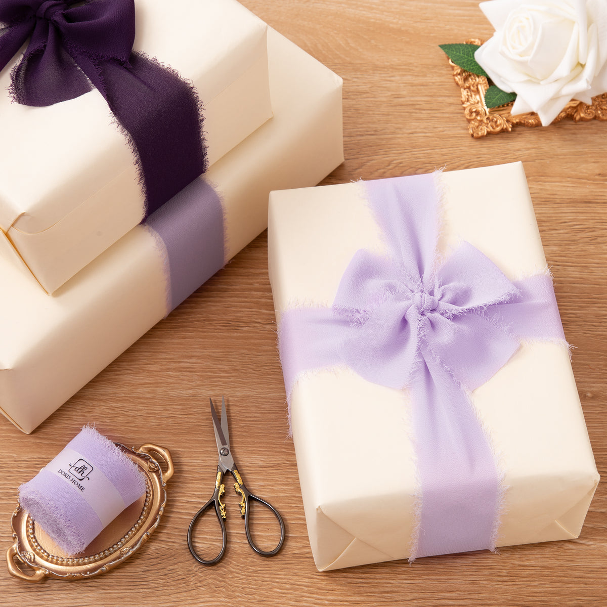 Handmade Fringe Chiffon Silk-Like Ribbon 2" x 7Yd Set of 3 Rolls Ribbons for Wedding Invitations, Bouquets, Gift Wrapping (3 Rolls Light Purple)