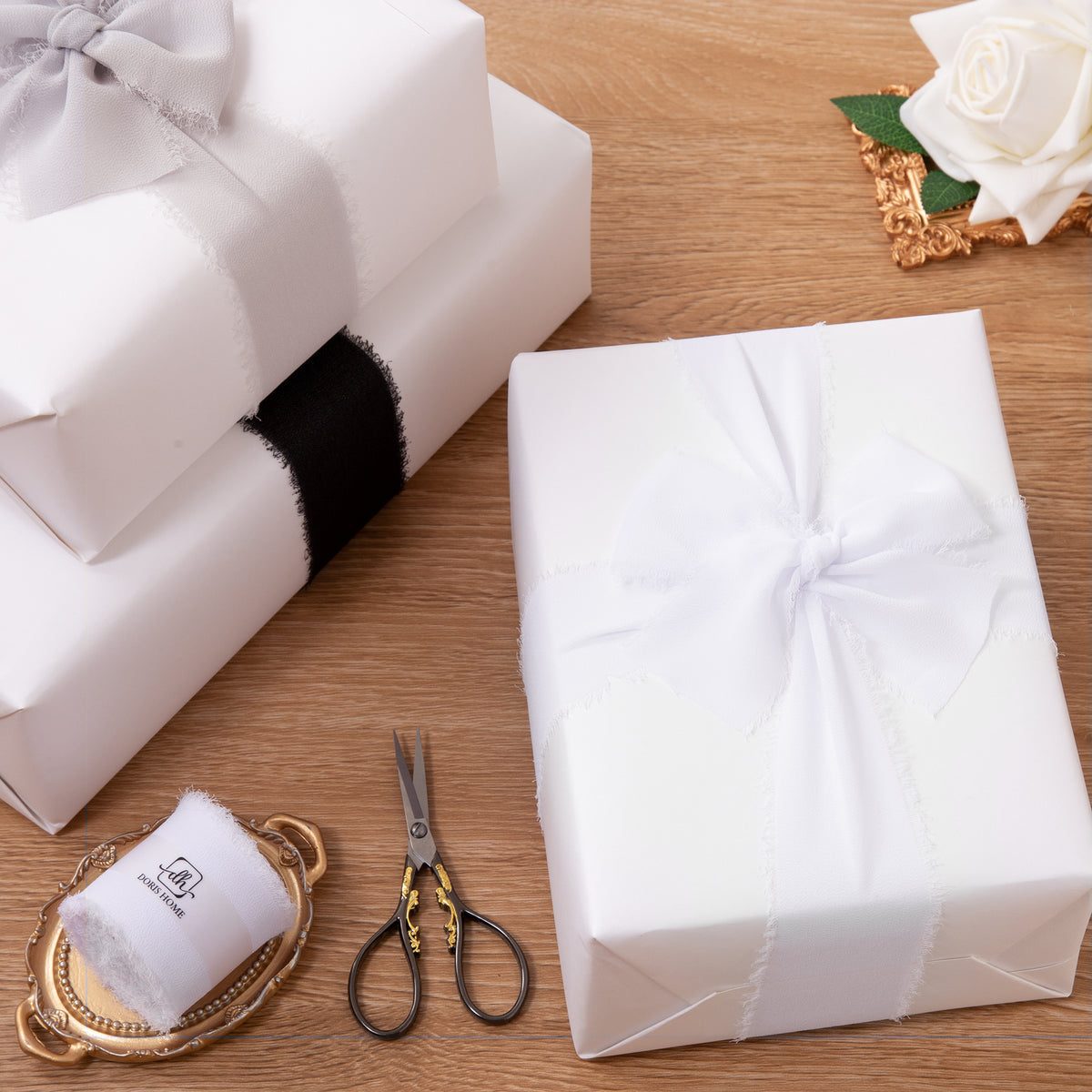 Handmade Fringe Chiffon Silk-Like Ribbon 2" x 7Yd Set of 3 Rolls Ribbons for Wedding Invitations, Bouquets, Gift Wrapping (3 Rolls Black/White/Light Grey)