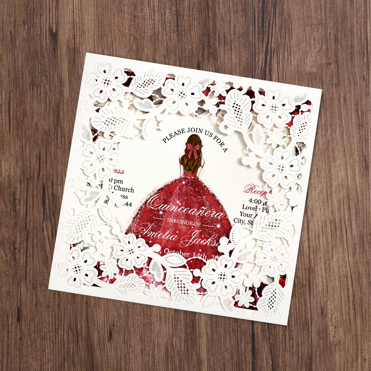 Customized Quinceanera Invitation Red, Elegant 15 years Invitations Sweet 16, Miss XV, Birthday Laser Cut Quince Invitation Cards White Personalized