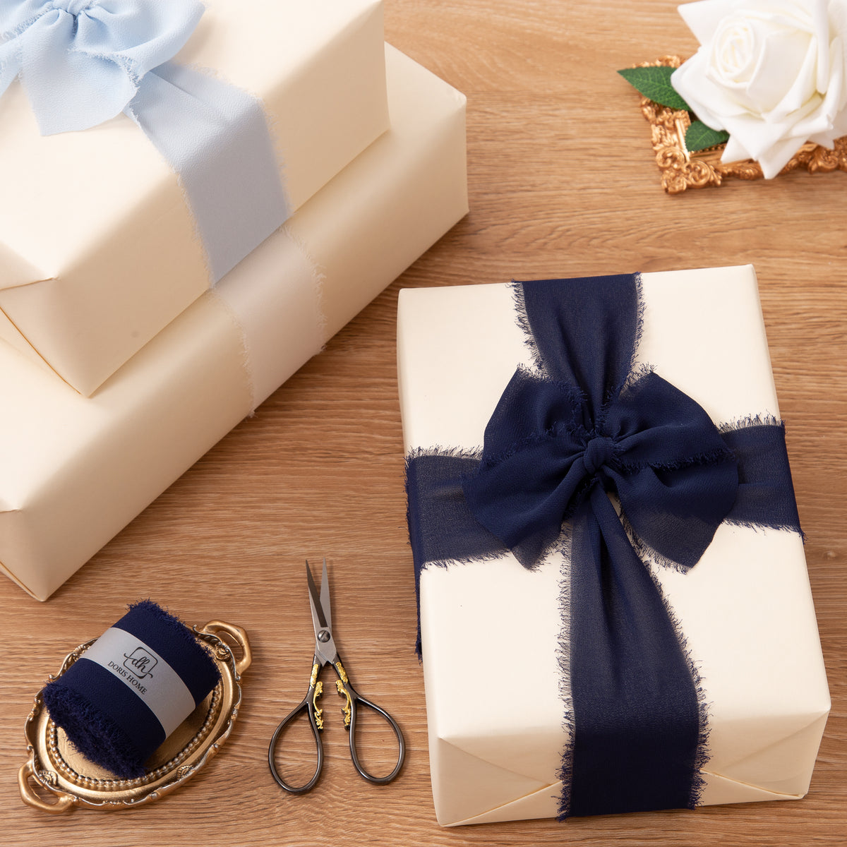 Handmade Fringe Chiffon Silk-Like Ribbon 2" x 7Yd Set of 3 Rolls Ribbons for Wedding Invitations, Bouquets, Gift Wrapping (3 Rolls Dark Navy Blue)