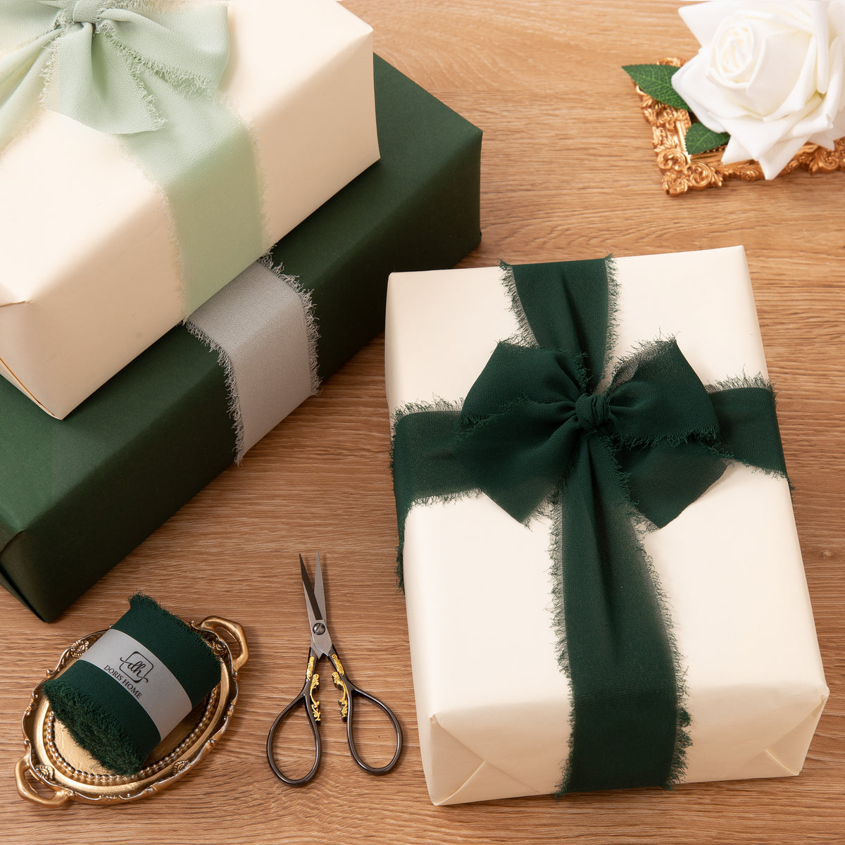 Handmade Fringe Chiffon Silk-Like Ribbon 2" x 7Yd Set of 3 Rolls Ribbons for Wedding Invitations, Bouquets, Gift Wrapping (3 Rolls Dark Green)