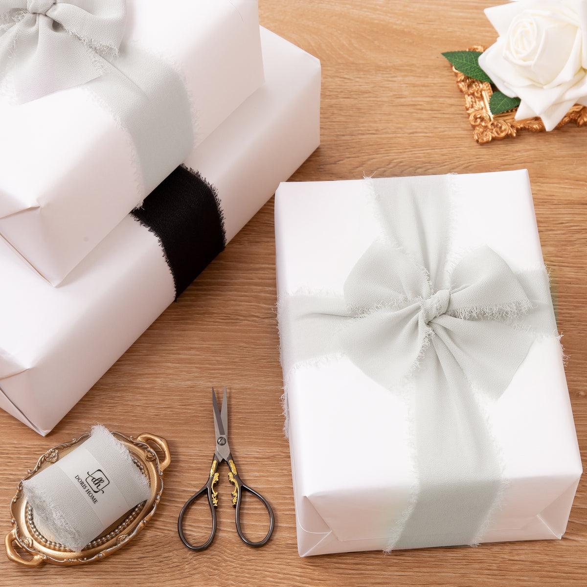 Handmade Fringe Chiffon Silk-Like Ribbon 2" x 7Yd Set of 3 Rolls Ribbons for Wedding Invitations, Bouquets, Gift Wrapping (3 Rolls Light Grey)