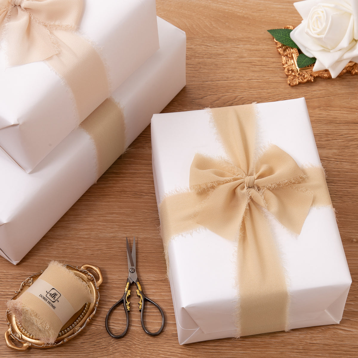 Handmade Fringe Chiffon Silk-Like Ribbon 2" x 7Yd Set of 3 Rolls Ribbons for Wedding Invitations, Bouquets, Gift Wrapping (3 Rolls Nude)