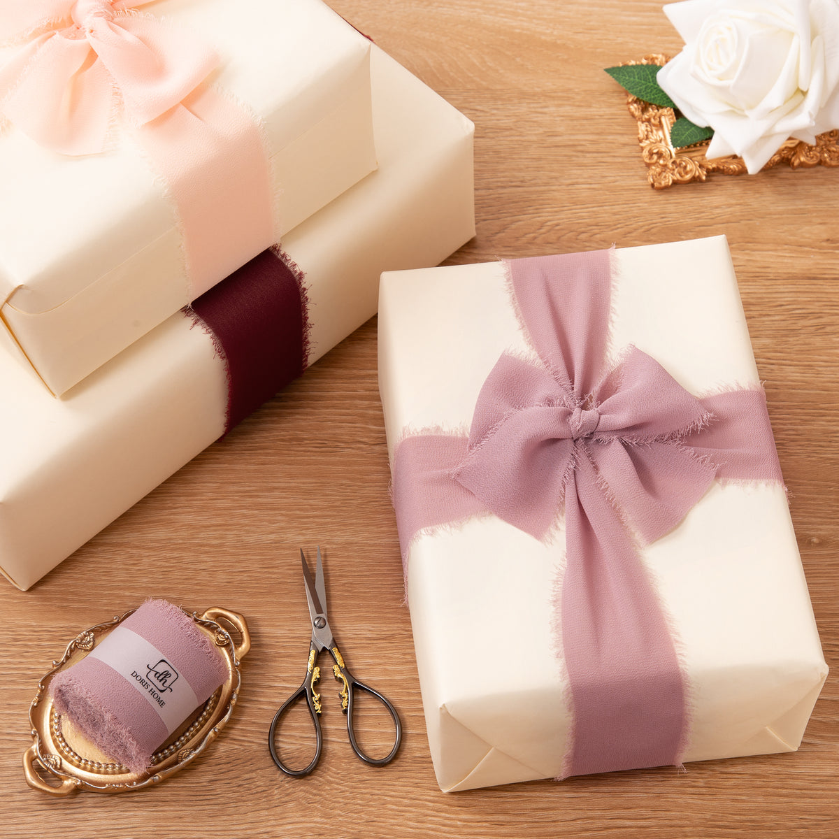 Handmade Fringe Chiffon Silk-Like Ribbon 2" x 7Yd Set of 3 Rolls Ribbons for Wedding Invitations, Bouquets, Gift Wrapping (3 Rolls Mauve)